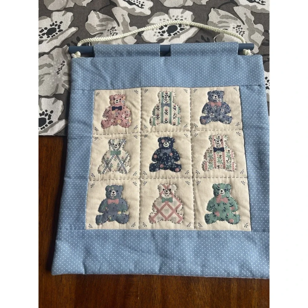 Vintage Quilt Hanging With Embroidery, Teddy Bears, Wall Hanging, Hand Made